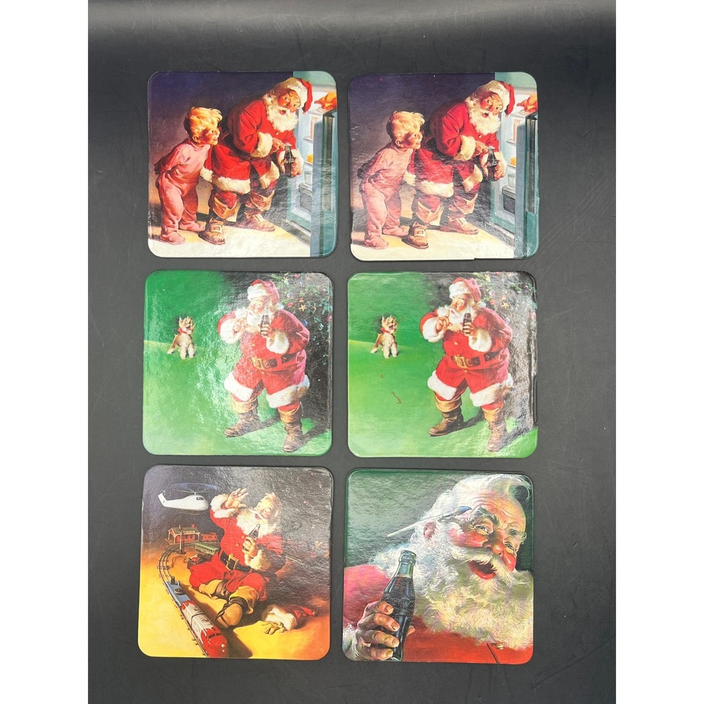 Vtg Coca Cola Santa Claus Christmas Cork Back Coasters Set of 6 3.5" Holiday